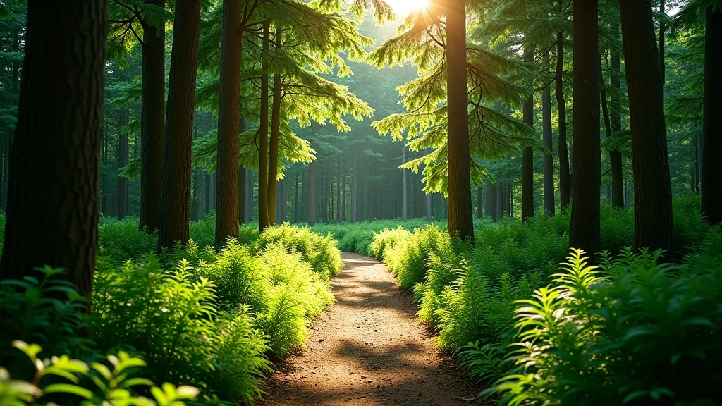 Lush green forest trail winding through dense woodland with tall pine and spruce trees, dappled sunlight on the forest floor, natural hiking path