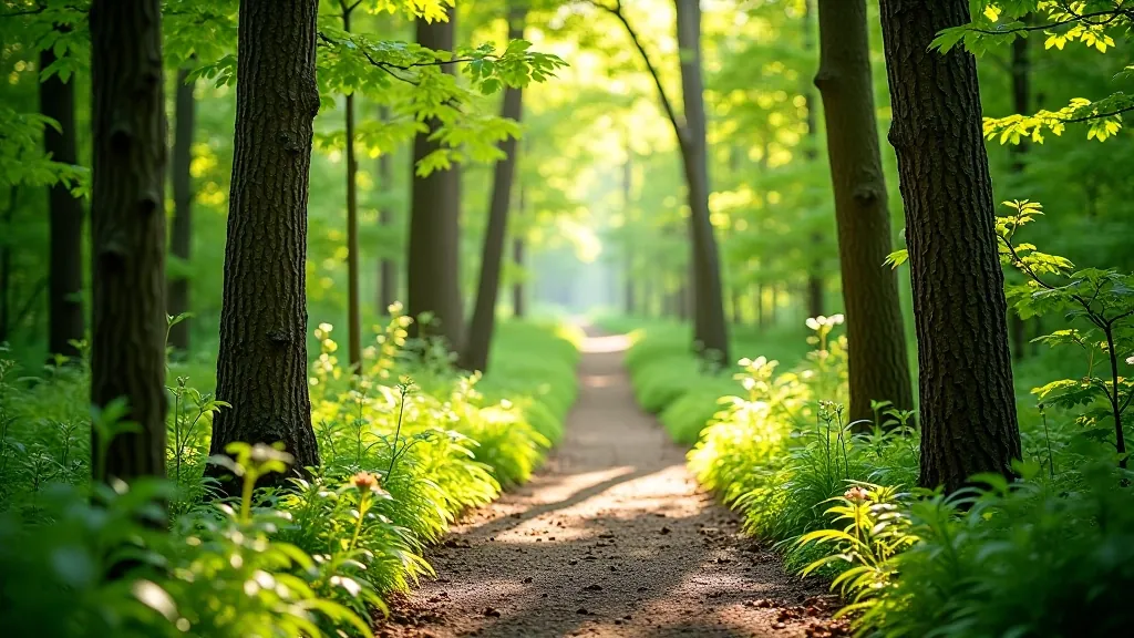 Forest trail path marked with painted trail markers on trees, showing the way through mature woodland with dappled sunlight