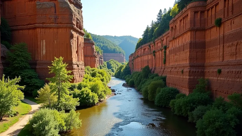 Scenic river gorge with red sandstone cliffs overlooking the Gauja River flowing through lush green valley