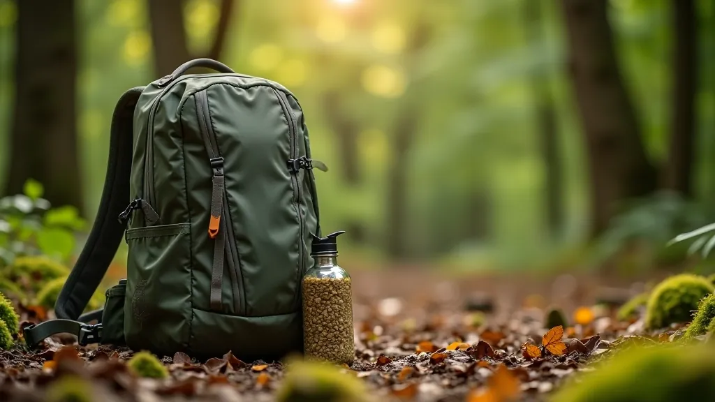 Backpack with water bottle and hiking essentials on forest floor