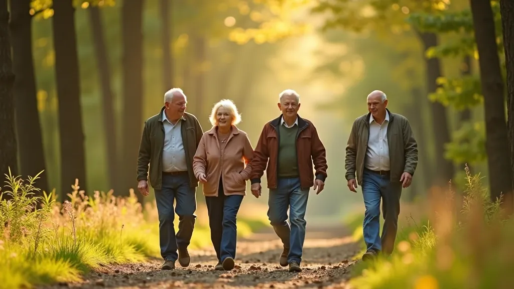 Group of older adults enjoying an easy walk together on a peaceful forest trail