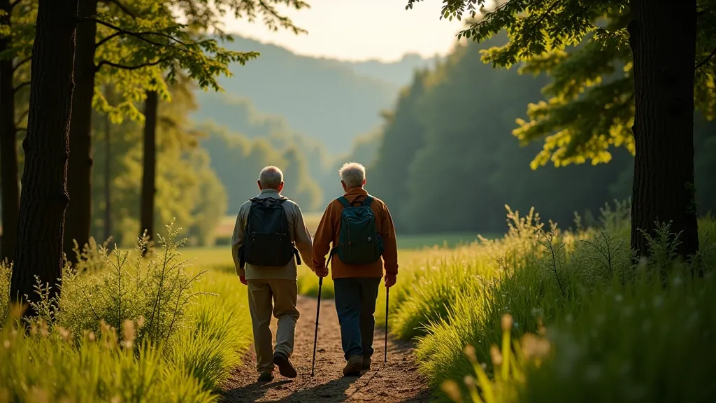 Older couple hiking together on a scenic forest path with river valley view