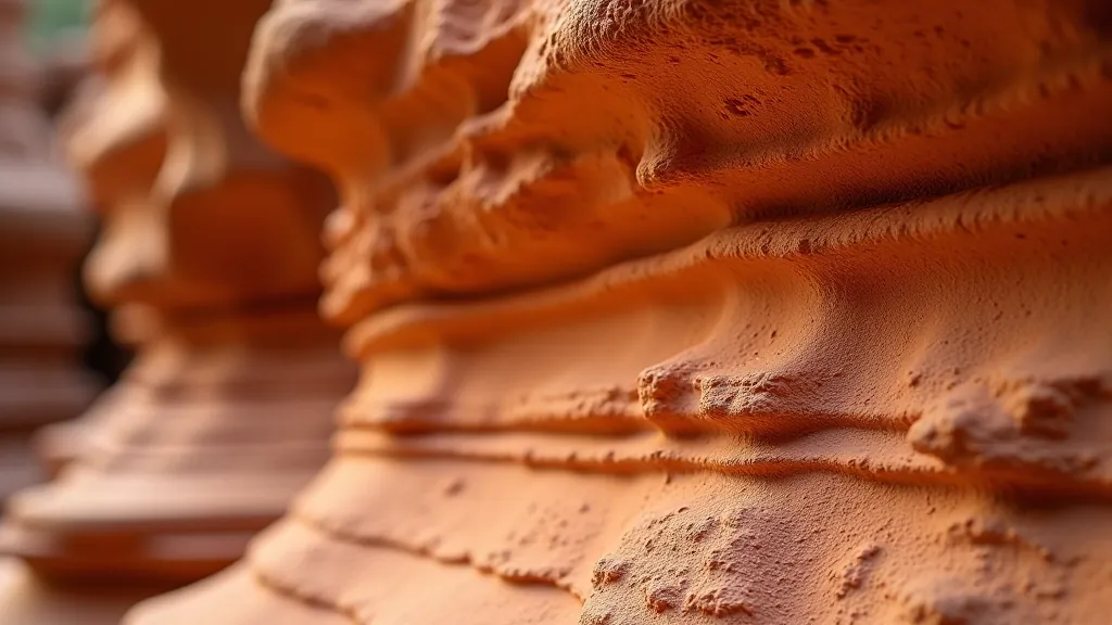 Close-up of red and golden sandstone rock formations with natural weathering patterns and striations