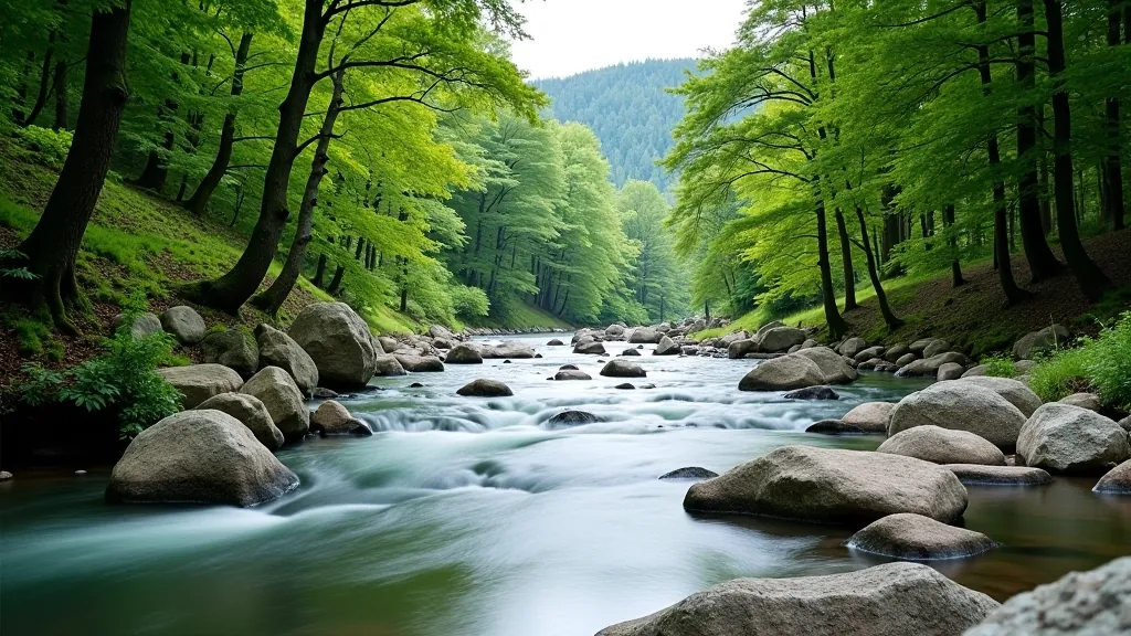 Scenic Gauja River flowing through a forested valley with rocky banks and dense green forest surrounding the waterway