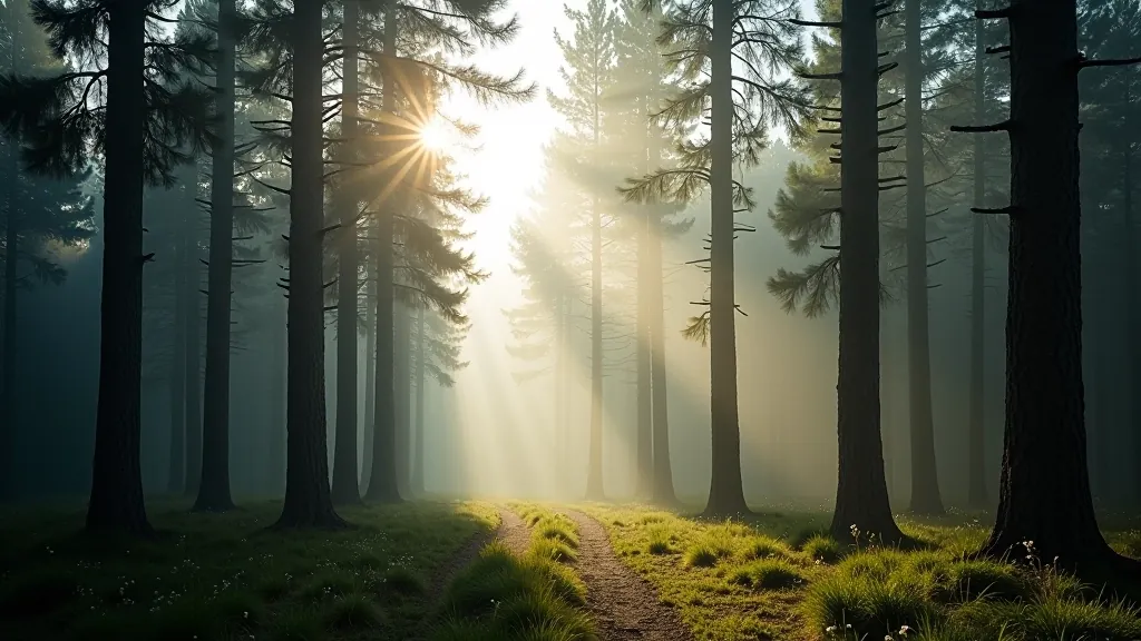Peaceful forest scene with morning mist among tall trees