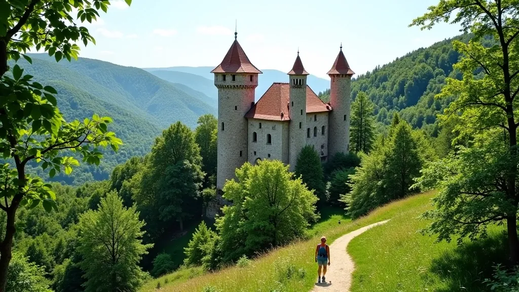 Sigulda Castle ruins viewed from forest path with green hillside and historic stone tower remains