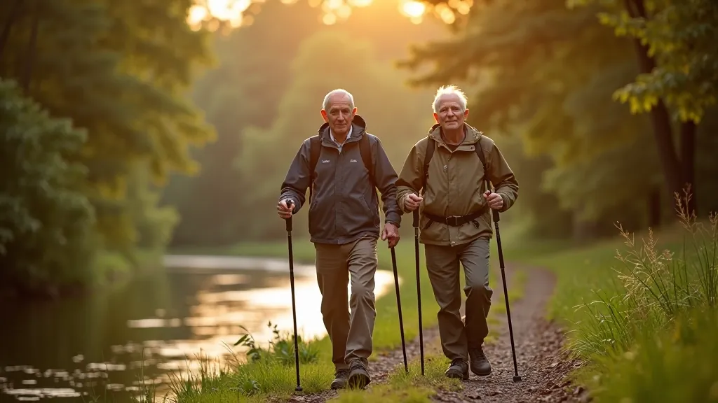 Senior couple walking together on forest path beside river, both wearing comfortable outdoor clothing and walking poles