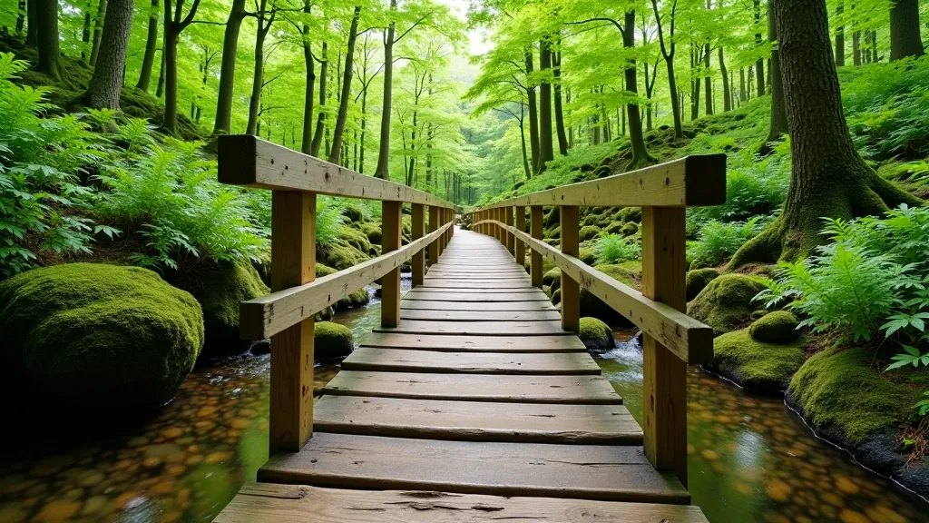 Wooden bridge crossing over small forest stream with clear water, surrounded by moss-covered banks and fern vegetation, peaceful woodland setting