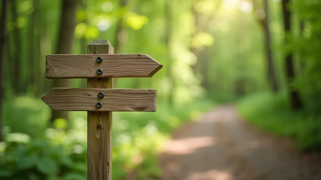 Wooden signpost at forest trail junction showing hiking direction markers and distance information in natural woodland setting